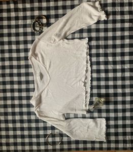 White Ribbed Cropped Long Sleeve Top