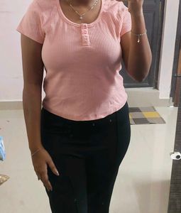 Pink Ribbed Button-Up Top