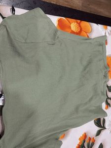 Green Ribbed Ruched V-Neck Top