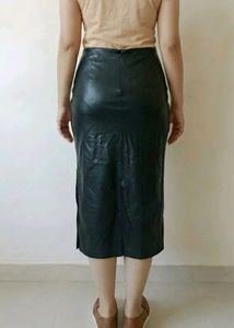 Zara Small Black Faux Leather Slit Long Skirt