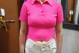 Hot Pink Cropped Polo Top
