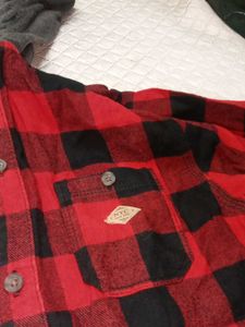 Men's Red &amp; Black Flannel Hooded Shirt