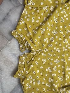 Yellow Floral Print Ruffled Neck Top