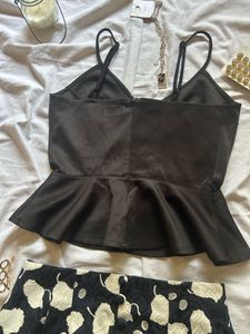Chic Black Peplum Top &amp; Printed Skirt Set