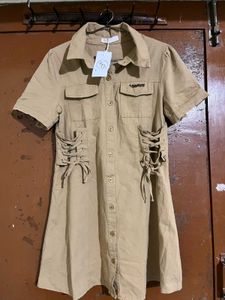 Khaki Lace-Up Detail Shirt Dress