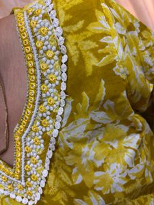 Vibrant Yellow Floral Kurta pant dupta set