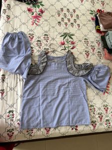 Blue Gingham Cold Shoulder Top