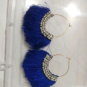 Blue Tassel Hoop Earrings