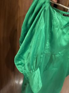 Emerald Green Satin Puff Sleeve Dress