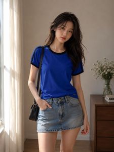 Blue Round Neck T-Shirt with Contrast Trim