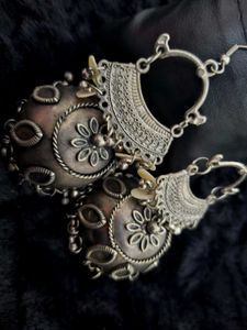 Oxidized Mother of pearl Silver Jhumka Earrings