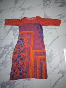 Orange Kurta with Blue Floral Print