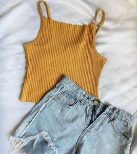 Mustard Ribbed Tank Top & Denim Shorts