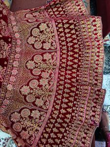 Exquisite Red Velvet Lehenga with Golden Embroider