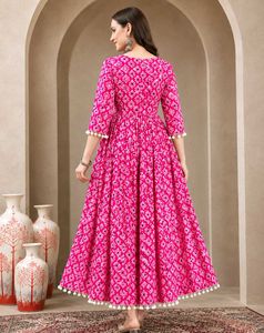 Pink Pompom Viscose Rayon Anarkali Kurti
