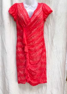 I. Red Lace Ruffle V-Neck Dress