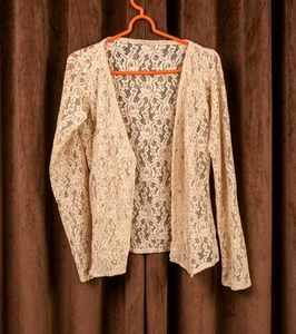 Beige Lace Open Front Cardigan