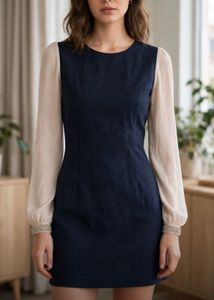 Chic Navy Dress with Sheer Sleeves