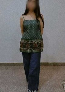Stylish Teal Ethnic Print Kurta Top
