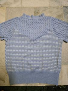 Cute Blue Knit Top with Ruffle Collar