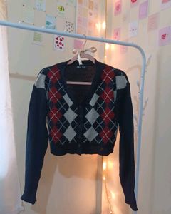 Shein Argyle printed Crop Cardigan