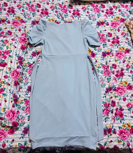 Light Blue Wrap Dress with Puff Sleeves