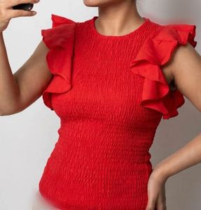 Red Smocked Ruffle Sleeve Top