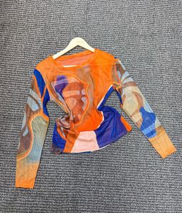 Sheer Mesh Abstract Print Long Sleeve Top