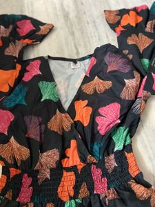 Boho Leaf Print Tiered Midi Dress