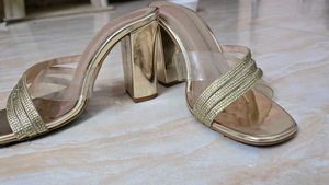 Golden Block Heels with Sparkle Straps