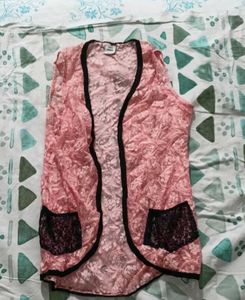 Chic Pink Lace Vest with Black Trim