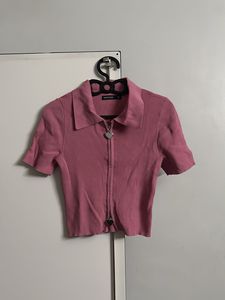 Pink Collared Zip-Up Crop Top