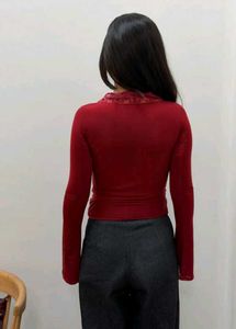 Burgundy Lace Trim Long Sleeve Top