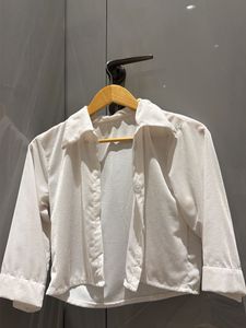 White Cropped Corduroy Shirt | 3/4 Sleeve