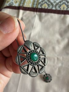 oxidized ethnic Dangle Earrings with Green Stone