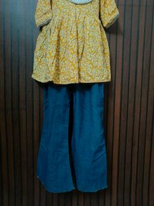 Yellow Printed Kurta with Blue Palazzos jens