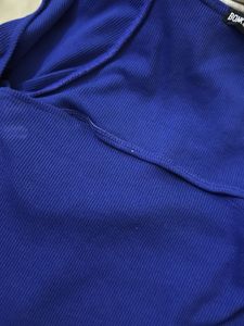 Blue Ribbed Off The Shoulder Crop Top