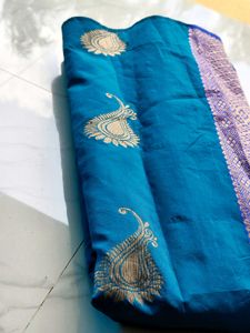 Beautiful Blue Silk Saree with Gold Motifs