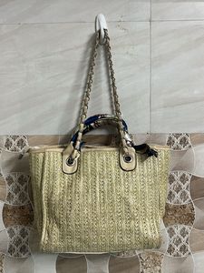 Chic Straw Tote Bag with Scarf Accent