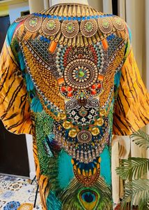 Vibrant Peacock Print Kaftan Maxi Dress