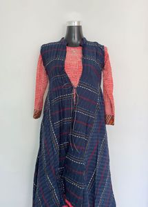 Stylish Blue Plaid shrug with kurta - two set