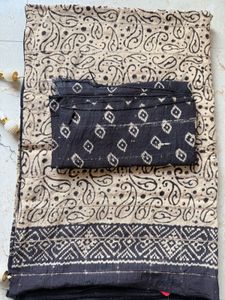 Unused Beige & Black Saree