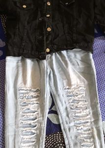 Classic Black Denim Jacket and jeans white colour