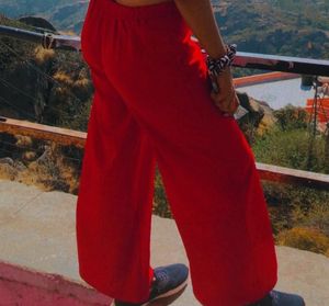 Chic Off-Shoulder White Top &amp; Red wide leg trouser