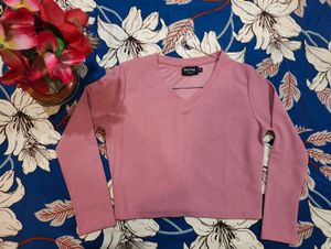 Pink Cropped V-Neck Long Sleeve Top