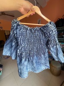 Off-Shoulder Smocked Blue Top