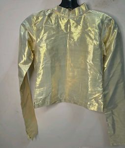 Golden Metallic Foil High Neck Full Sleeve Blouse