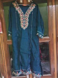 Embroidered Teal Kurta with Trouser and Dupatta.