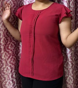 Elegant Red Ruffle Sleeve Top