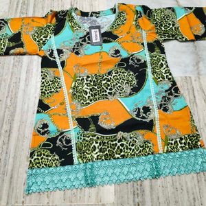 Vibrant Print Kurta with Lace Trim